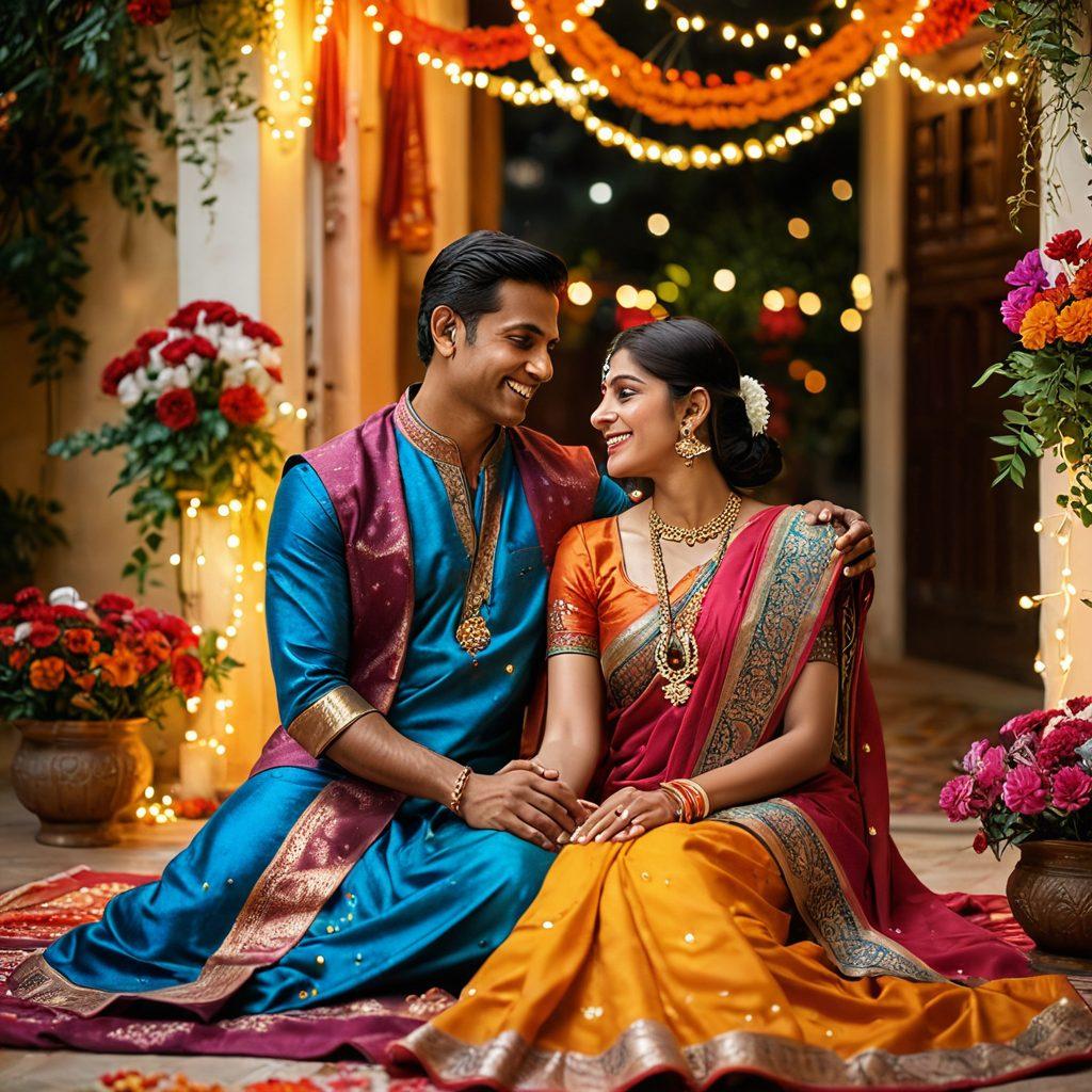 A heartwarming scene depicting an Indian couple sharing a joyful moment in a traditional setting, surrounded by vibrant flowers and colorful decorations. The woman is elegantly adorned in a colorful saree while the man wears a traditional kurta, both radiating love and connection. Soft, warm lighting enhances their intimate expressions, creating an inviting atmosphere. The background includes subtle hints of Indian culture, like a decorative rangoli and festive lights. vivid colors. super-realistic.