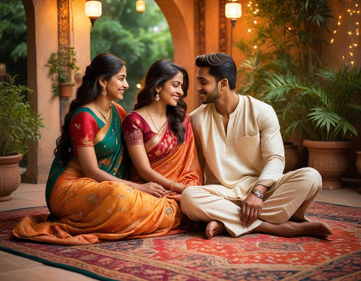 A serene scene of a diverse Indian couple sitting together on a vibrant traditional rug under soft, glowing lanterns, surrounded by lush greenery. The woman is wearing a colorful saree with intricate patterns, while the man is casually dressed but elegant. They are engaged in a heartfelt conversation, showcasing warmth and connection, with gently glowing stars above them. This romantic atmosphere should evoke intimacy and cultural richness. vibrant colors. soft focus. intimate ambiance.