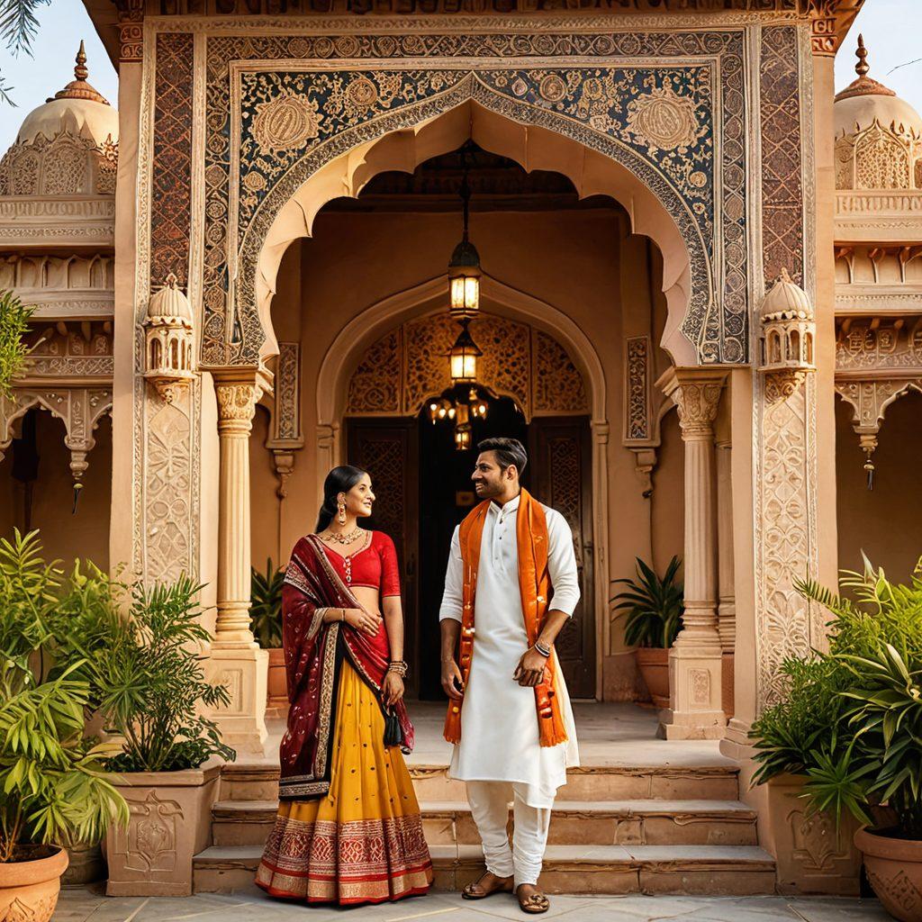 A serene and enchanting scene depicting a couple from different cultures engaged in a joyful and meaningful conversation amidst traditional Indian architecture. Colorful decorations and intricate patterns enhance the cultural ambiance, with aspects like vibrant Indian fabrics and a backdrop of lush greenery. Soft golden hour lighting adds warmth and romance to the atmosphere. super-realistic. vibrant colors. white background.